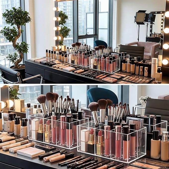 Zhehao 2 Pack Clear Acrylic Makeup Brush Holder Organizer, 6-slot Cosmetic Storage Organizer Pencil Holder for Vanity, Countertop & Desk, Transparent Makeup Brush Stand for Brushes, Lipsticks & Pens