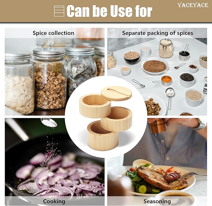 Bamboo Salt Cellar Bowl Box, 10oz Three-layer Small Salt and Pepper Containers, Bamboo Container Box with Lid and Spoon for Salt, Pepper