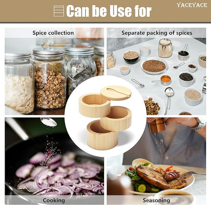 Bamboo Salt Cellar Bowl Box, 10oz Three-layer Small Salt and Pepper Containers, Bamboo Container Box with Lid and Spoon for Salt, Pepper