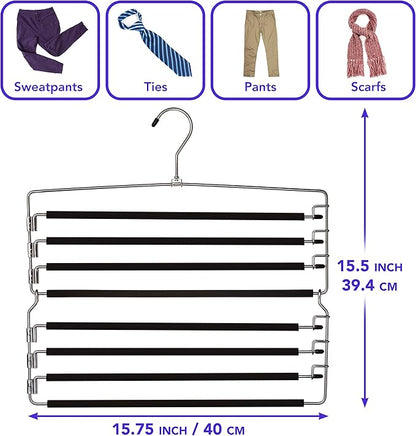 USTECH Arm Pants Hanger 8 Tier – Foldable Multi-Tier Swing Hanger with Removable Arms & Foam Padding, Space-Saving Closet Organizer for Trousers, Jeans, Scarves – (Pack of 1)