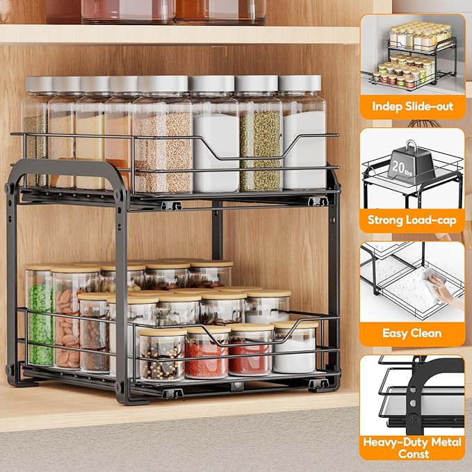 Pull Out Spice Organization for Cabinets, 2 Tier Pull Out Spice Rack, Slide Out Spice Rack Organizer for Cabinet, Spice Rack for Inside Cabinets, with Labels, 9" W×10.5" D×9" H, Black