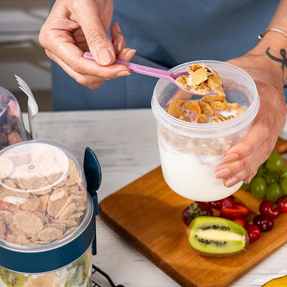 4 Pack On The Go 22 oz Breakfast Cups with Lids and Spoon, Reusable Cereal Yogurt Cup with Topping Plastic Overnight Oats Container for Granola Oatmeal (22 oz - Turquoise- 4 Pack)