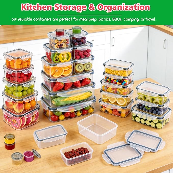 62PCS Thicker Food Storage Containers with Lids Airtight Leakproof, BPA Free Plastic Kitchen Food Storage Containers, Stackable Reusable Meal Prep Food Containers with Lids, Freezer Microwave Safe