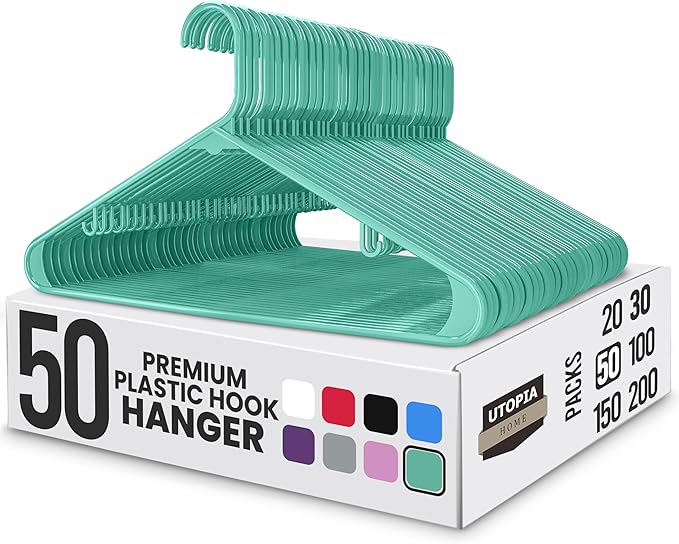 Utopia Home Plastic Hangers 50 Pack - Space Saving Clothes Hanger - Durable & Strong Closet Organizers and Storage with Built-in Strap Hooks - Essential for Shirts, Pants, Skirts & Coats (Aqua)