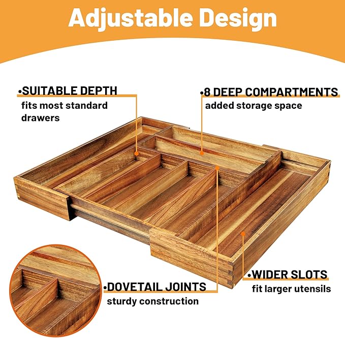 KITEISCAT Acacia Wood Expandable Silverware Organizer, Kitchen Utensil Drawer Organizer for Forks & Spoons, 8-Compartment Cutlery Tray, Flatware Holder