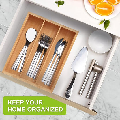 Unibambou Bamboo Utensil Drawer Organizer, Silverware Tray Organizer, Kitchen Drawer Organizer for Flatware Cutlery, (Natural, 3 Slots)