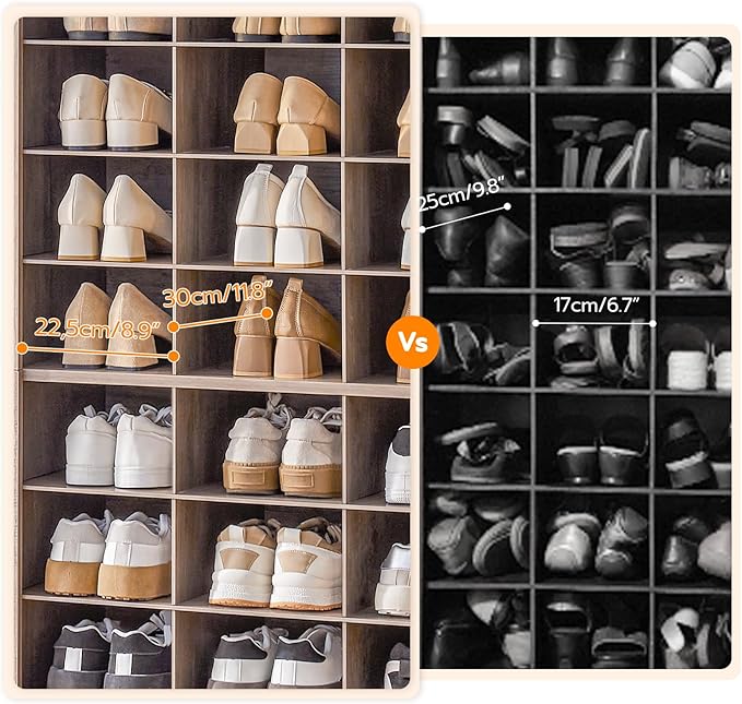 HOOBRO Tall Shoe Cabinet, 9 Tier Shoe Storage Cabinet, Freestanding Wooden Shoe Cabinet Organizer with 24 Cubbies and 3 Hooks, for Entryway, Closet, Living Room, Greige BG24SC01