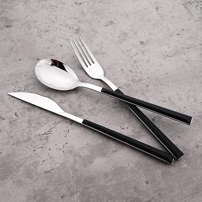 24piece Silverware Set with Hanging Holder, Stainless Steel Tableware Set With Cutlery Storage Rack, Decent Gift Box For Housewarming, Party, Dining - Black Silver, set of 6