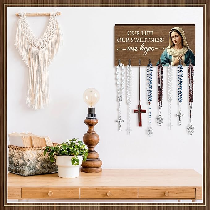 Chunful 2 Pack Rosary Holder Wall Mounted with 16 Hooks Wooden Rosary Hanger Religious Jewelry Hanger Organizer Decorative Jewelry Shelf Catholic Wall Decor for Necklace Bracelet Godparent Gift