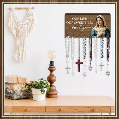 Chunful 2 Pack Rosary Holder Wall Mounted with 16 Hooks Wooden Rosary Hanger Religious Jewelry Hanger Organizer Decorative Jewelry Shelf Catholic Wall Decor for Necklace Bracelet Godparent Gift