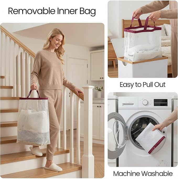 efluky Slim Laundry Basket with Lid, Narrow Laundry Hamper with Removable Bag, Skinny Dirty Clothes Basket with Bamboo Handles for Bathroom, Bedroom & Laundry Room, 75L Burgundy