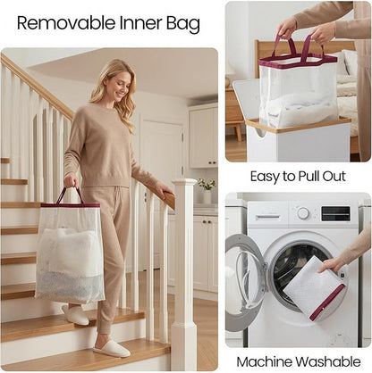 efluky Slim Laundry Basket with Lid, Narrow Laundry Hamper with Removable Bag, Skinny Dirty Clothes Basket with Bamboo Handles for Bathroom, Bedroom & Laundry Room, 75L Burgundy