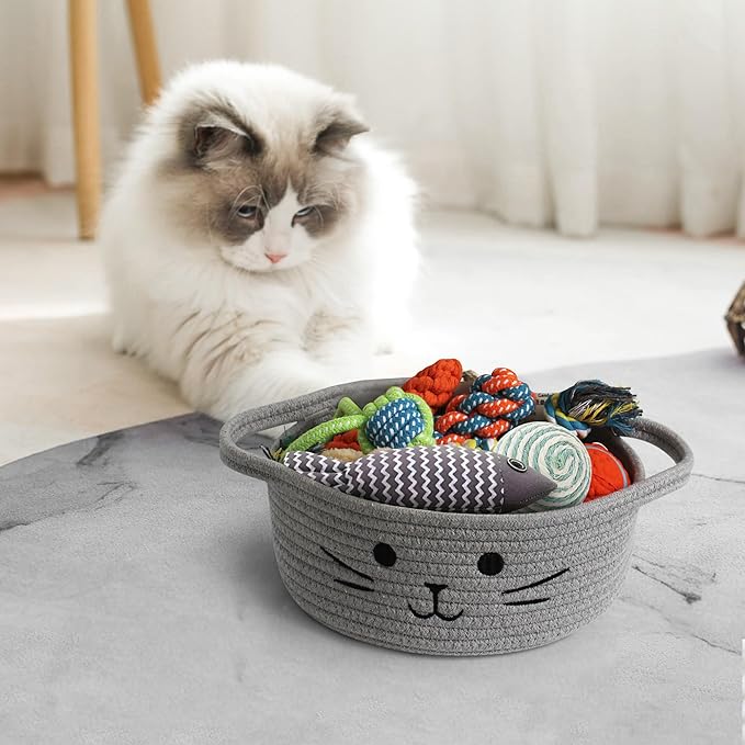 Small Cat Toy Basket, 10”x10”x4” Gray Cotton Rope Storage Bin with Handles, Woven Cat Organizer Box for Indoor Pets, Cute Kitty Easter Basket Gifts Empty, Living Room Nursery Decor