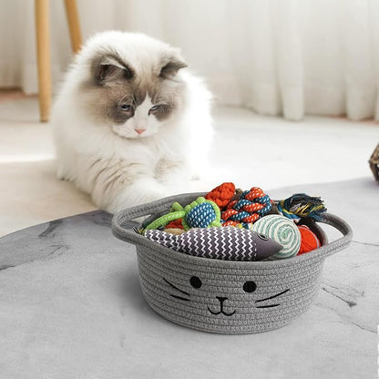 Small Cat Toy Basket, 10”x10”x4” Gray Cotton Rope Storage Bin with Handles, Woven Cat Organizer Box for Indoor Pets, Cute Kitty Easter Basket Gifts Empty, Living Room Nursery Decor