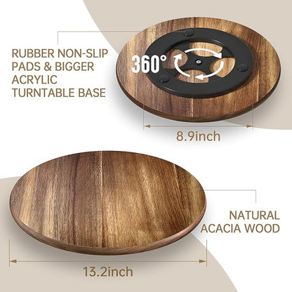 Lazy Susan for Table Top Bamboo Lazy Susan Turntable for Cabinet Kitchen Countertop Organizer for Condiment Bathroom Counter Organizer Decor Sink Tray Acacia Wood 13.2 Inch