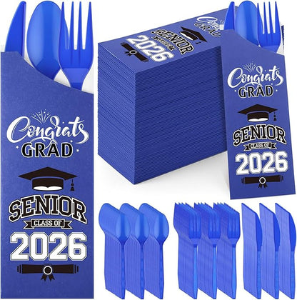 Funnymoom 400 Pcs 2026 Graduation Wrapped Silverware Bags Holder - Disposable Dinnerware Set Includes Plastic Spoons Knives and Forks, Class of 2026 Parties School Congrats Supplies(Dark Blue)