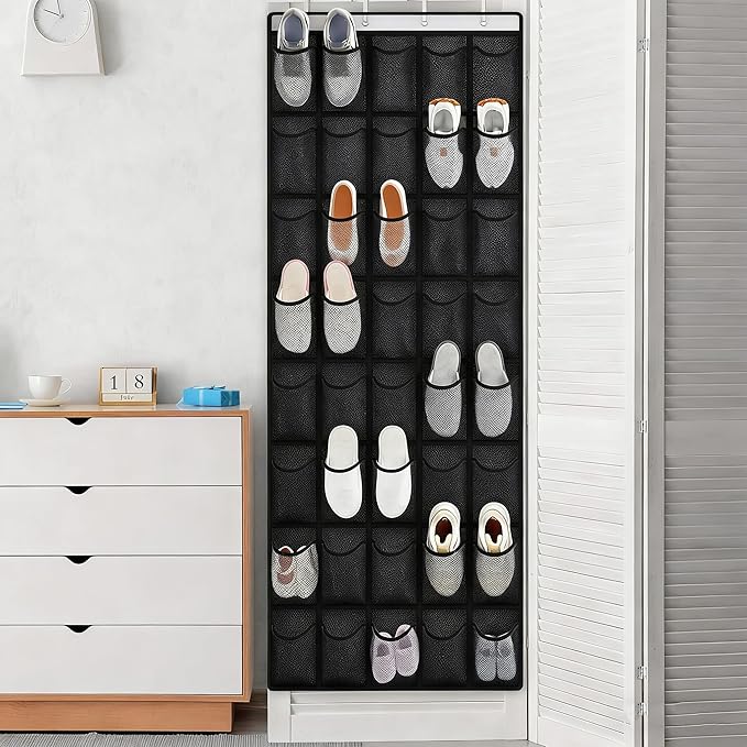 Over the Door Shoe Organizer, 40 Large Mesh Pockets Hanging Shoe Rack for Door, Space Saving Shoe Storage Organizer for Closet, Bedroom, Entryway, Black