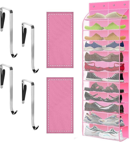 Kotkn Over The Door Shoe Organizer with 12 Large Breathable Pockets - Durable Hanging Storage for the Entire Family's Shoes (Pink)