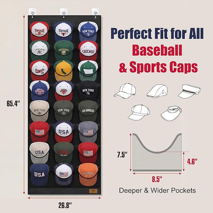 Hat Organizer for Baseball Caps, 24 Deep Pockets Hat Rack, Breathable & Visible, Black Hat Holder with 3 Hooks for Door, Bedroom, Closet Organizer
