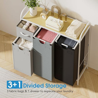 Yecaye Laundry Sorter 3 Section, Laundry Hamper with Shelf and 1 Drawer, 35.7Gal(135L) Clothes Basket Organizer, Pull-Out and Removable Oxford Fabric Laundry Bags for Laundry Room, Bedroom, Bathroom
