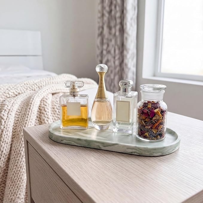 YKAJO Oval Real Marble Tray for Bathroom Kitchen Counter Stone Decorative Vanity Tray for Dresser Perfume Heavy Catchall Organizer for Soap Jewelry (Botanical Green, 11.8" x 5.9")