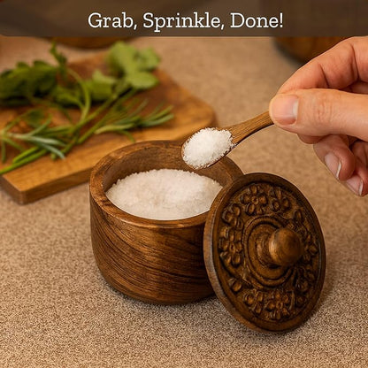 Mie Creations Rustic Salt Box Cellar with Hand Carved Lid & Spoon, Wooden Salt Pinch Bowls | Wood Salt Pepper Keeper, Spice Bowls for Cooking, Sugar Holder for Kitchen, Christmas Thanksgiving Decor