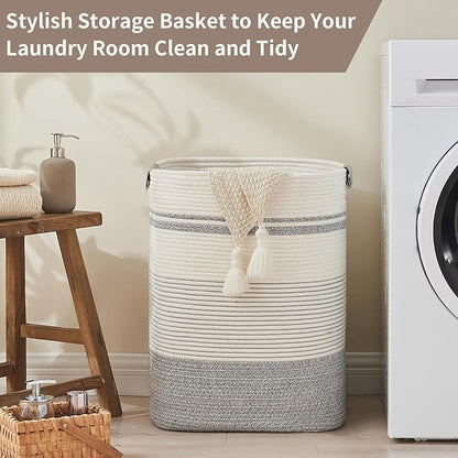 AINUOQI Laundry Basket with Handles - Blanket Basket & Hampers for Bedroom Aesthetic, Laundry Hamper & Blanket Storage for Living Room, Clothes Hamper, Tall, Large 17" x 14" x 22”, Grey & White