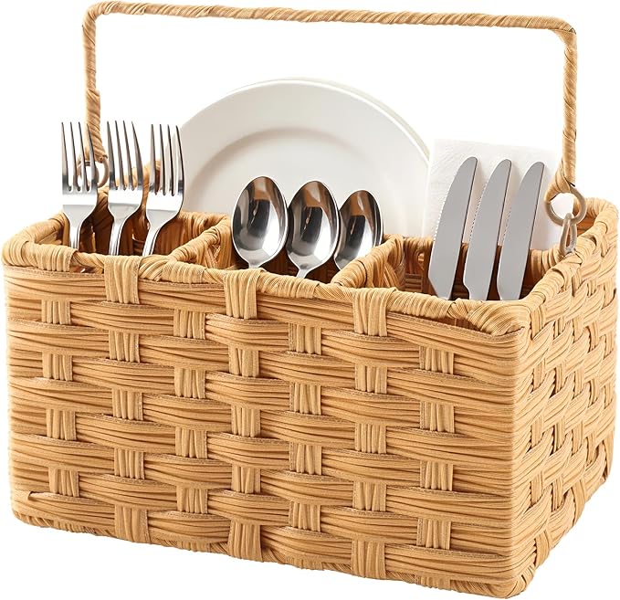 Wicker Utensil Caddy – Tabletop Utensil & Silverware Organizer with Handle, Multi-Use Cutlery and Condiment Holder, Kitchen Countertop Basket, Ideal for Parties, Picnics & Buffets