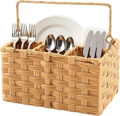 Wicker Utensil Caddy – Tabletop Utensil & Silverware Organizer with Handle, Multi-Use Cutlery and Condiment Holder, Kitchen Countertop Basket, Ideal for Parties, Picnics & Buffets