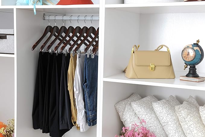 Quality Wooden Skirt Hangers with Clips, 10-Pack Smooth Solid Wood Pants Hangers with Durable Adjustable Metal Clips, Swivel Hook, Coat, Jacket, Blouse Suit Hangers (Walnut - Chrome Hook, 10)