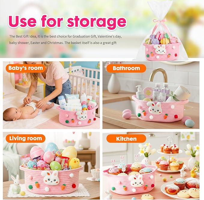 ShellKingdom Empty Gift Basket with Gift Bags and Ribbon, Birthday Basket for Boys Girls, Storage Woven Basket with Handles for Home Organizer, 12 X 8 X 5 INCH, Easter Pink