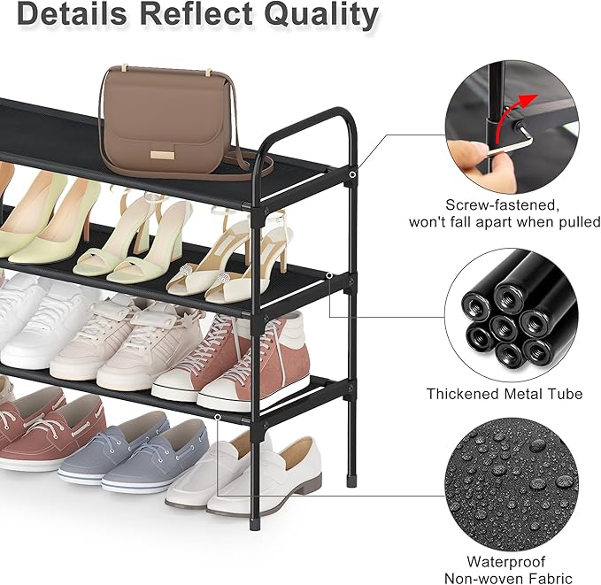 HITHIM 3 Tier Long Shoe Rack for Closet, Screw Fastened Plastic Connector Shoe Storage Organizer, Non-Woven Fabric Metal Shoe Shelf, Holds 24-28 Pairs for Entryway, Front Door Entrance, Bedroom