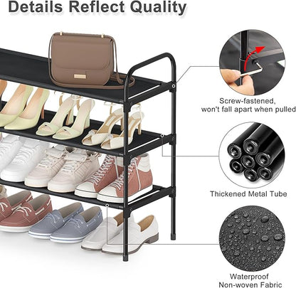 HITHIM 3 Tier Long Shoe Rack for Closet, Screw Fastened Plastic Connector Shoe Storage Organizer, Non-Woven Fabric Metal Shoe Shelf, Holds 24-28 Pairs for Entryway, Front Door Entrance, Bedroom