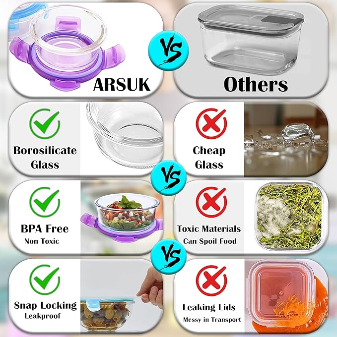 ARSUK 8oz Glass Food Storage Containers with Airtight BPA-Free Lids 6 Pack, 1 Cup Small Glass Freezer Containers for Sauce, Sides, Meal Prep - Reusable & Dishwasher Microwave Fridge Freezer Safe