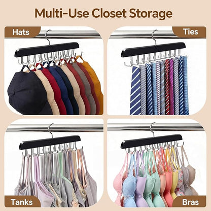 2 Pack Tie Rack and Belt Hanger 40 Hooks 360 Swivel Foldable Wooden Closet Rod Organizer Space Saving for Ties Belts Hats Bras Tank Tops Black