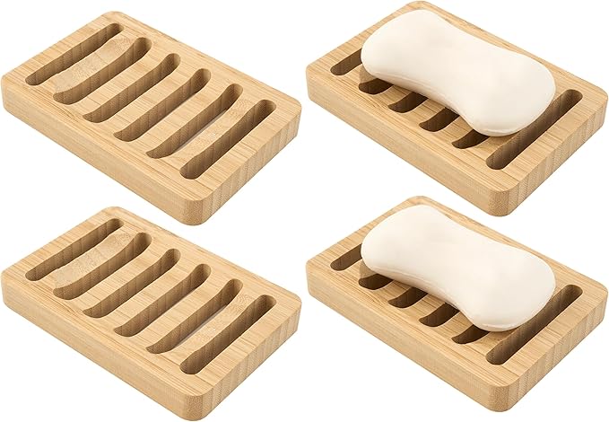 Soap Dish for Shower, 4 Pack Natural Bamboo Bar Soap Holder, Anti-Slip Design for Peace of Mind, Natural and Healthy