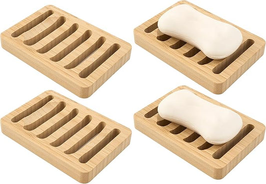 Soap Dish for Shower, 4 Pack Natural Bamboo Bar Soap Holder, Anti-Slip Design for Peace of Mind, Natural and Healthy