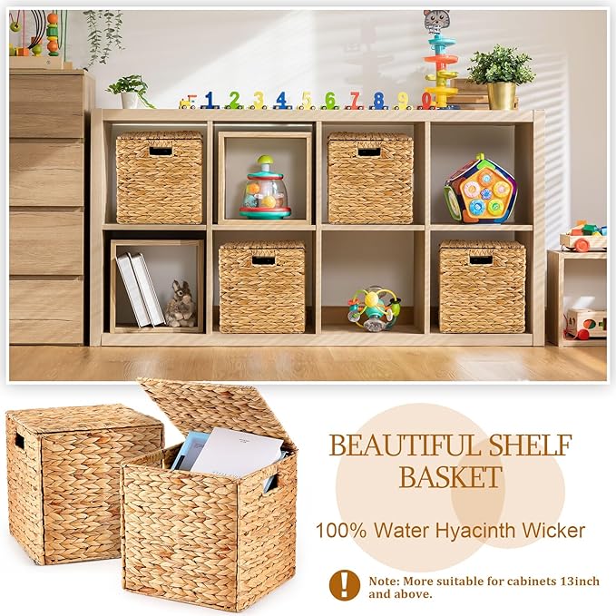 Jinei 6 Pcs Wicker Storage Basket with Lid Bulk 12 x 12 x 12 Inch Handwoven Water Hyacinth Cube Bin with Handles Woven Laundry for Organizer Shelves Wood Color