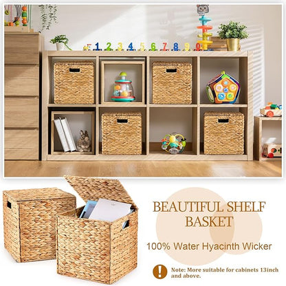 Jinei 6 Pcs Wicker Storage Basket with Lid Bulk 12 x 12 x 12 Inch Handwoven Water Hyacinth Cube Bin with Handles Woven Laundry for Organizer Shelves Wood Color