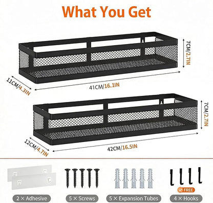 PUSDON 16.5-Inch Extra Long Slim Mesh Shower Caddy, Wall Mounted Bathroom Organizer with Adhesive, Heavy Duty Rustproof Shelf for Narrow Kitchen Pantry & RV, Holds 50 LBS 2-Pack - Matte Black Netting