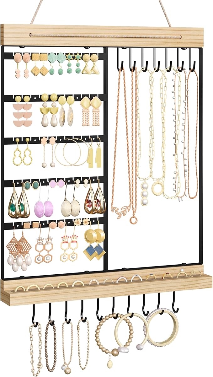 Feyejade Hanging Jewelry Organizer, 5-Tier Wall Earring Holder with Wooden Ring Groove, Jewelry Rack Wall Mounted for Earrings, Necklaces, Bracelets and Rings, Jewelry Holder Stand, Black