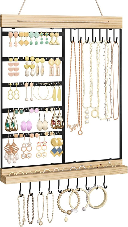 Feyejade Hanging Jewelry Organizer, 5-Tier Wall Earring Holder with Wooden Ring Groove, Jewelry Rack Wall Mounted for Earrings, Necklaces, Bracelets and Rings, Jewelry Holder Stand, Black