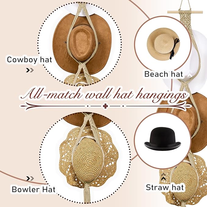 Yulejo Macrame Hat Hangers Racks Boho Cowboy Hats Holders Western Display Organizer Storage decor Back of Door for Wall(Beige,Four Hats Style)