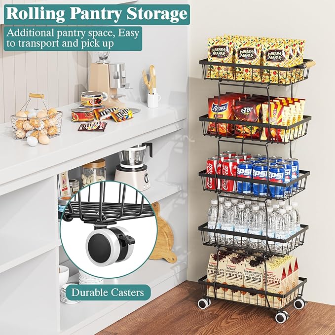 CHLORYARD 5 Tier Slim Fruit Basket for Kitchen, Stackable Wire Fruit Vegetable Storage Baskets Organizer Stand on Wheels, Metal Produce Basket Potato Onion Storage Bins Rack for Pantry, Black