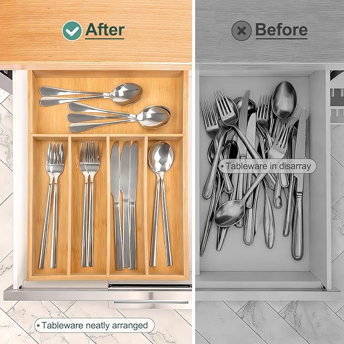 Silverware Drawer Storage, 5-Compartment Bamboo Cutlery Rack, Kitchen Cutlery Storage Box