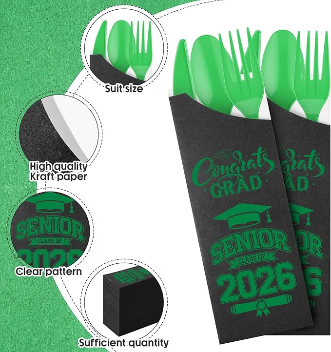 Funnymoom 400 Pcs 2026 Graduation Wrapped Silverware Bags Holder - Disposable Dinnerware Set Includes Plastic Spoons Knives and Forks, Class of 2026 Parties School Congrats Supplies(Black and Green)