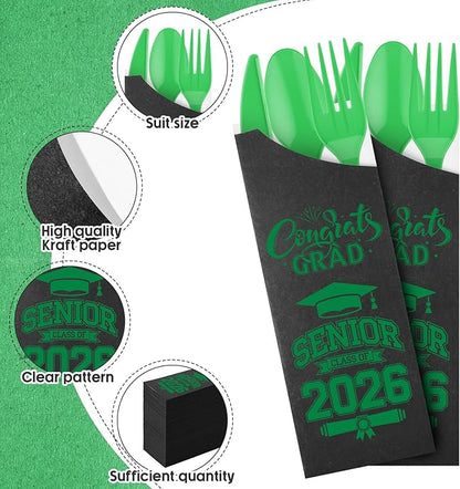 Funnymoom 400 Pcs 2026 Graduation Wrapped Silverware Bags Holder - Disposable Dinnerware Set Includes Plastic Spoons Knives and Forks, Class of 2026 Parties School Congrats Supplies(Black and Green)