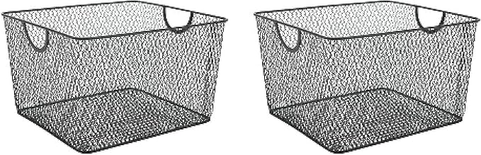 YBM HOME Household Wire Mesh Open Bin Shelf Storage Basket Organizer Black For Kitchen Pantry, Cabinet, Fruits, Vegetables, Pantry Items Toys 10” x 9” x 6”, 2-Pack, Black