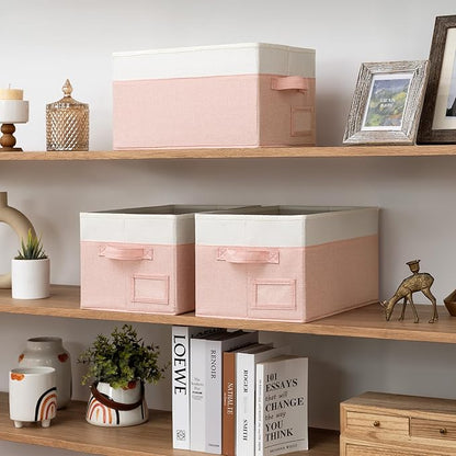 GRANNY SAYS Storage Baskets for Organizing, Fabric Storage Bins for Shelves, Closet Storage Boxs, Clothing Storage and Organization, Decorative Storage Bins, Pink&Ivory, Medium, 3-Pack