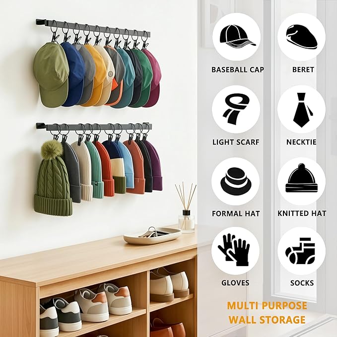 Hat Rack for Wall Baseball Cap Set of 2, Metal Hat Hanger with Hooks, Wall Mount Cowboy Hat Storage Display Sock Scarf Organizer for Door Closet Entryway Bedroom